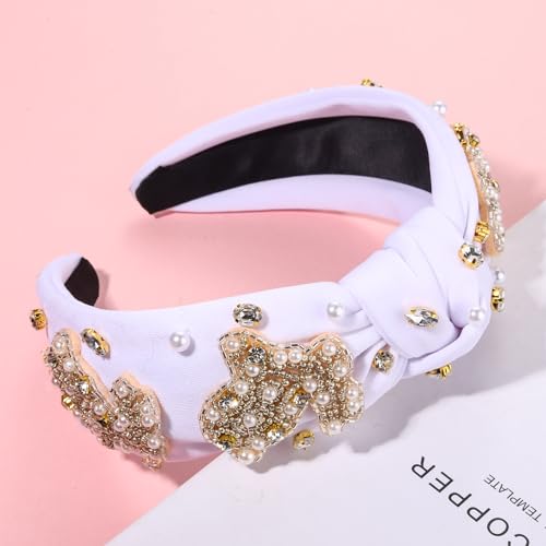 NVENF Easter Rabbit Headband - White Pink Crystal Pearl Knotted Hair Accessory for Women, Spring Holiday Outfits Gifts (Rabbit A - White) - color: Rabbit A - White
