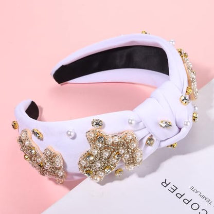 NVENF Easter Rabbit Headband - White Pink Crystal Pearl Knotted Hair Accessory for Women, Spring Holiday Outfits Gifts (Rabbit A - White) - color: Rabbit A - White