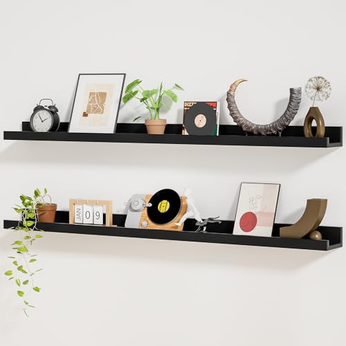 Heimlove Picture Ledge Shelf,48 inch Long Floating Shelves for Wall Set of 2,Black Picture Shelf with Lip for Wall Decor,Living Room,Bedroom,Bookshelf,Nursery,Perfume - color: Black, size: 48'', Set of 2