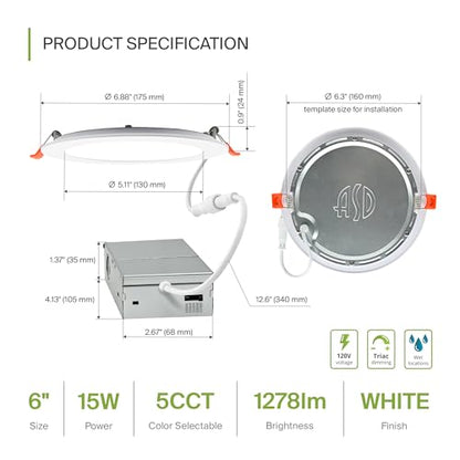 ASD 6 Pack LED Recessed Lighting 6 Inch 15W, 5 CCT 2700K-5000K CRI90+, IC Rated Ultra Thin Dimmable Ceiling Lights with J Box, Canless Wafer Downlight, Round Slim Panel Light, Energy Star ETL, White - color: White, size: 6 Inch 6 Pack
