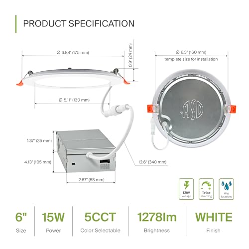 ASD 6 Pack LED Recessed Lighting 6 Inch 15W, 5 CCT 2700K-5000K CRI90+, IC Rated Ultra Thin Dimmable Ceiling Lights with J Box, Canless Wafer Downlight, Round Slim Panel Light, Energy Star ETL, White - color: White, size: 6 Inch 6 Pack
