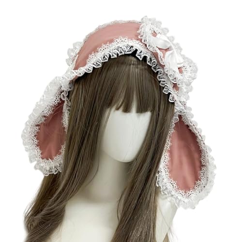 Rabbits Ears Hairband Photo Props Easter Hair Hoop Hairband Party Headpiece Fun Headbands for Music Festival - color: Pink & White Lace