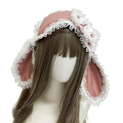 Rabbits Ears Hairband Photo Props Easter Hair Hoop Hairband Party Headpiece Fun Headbands for Music Festival - color: Pink & White Lace