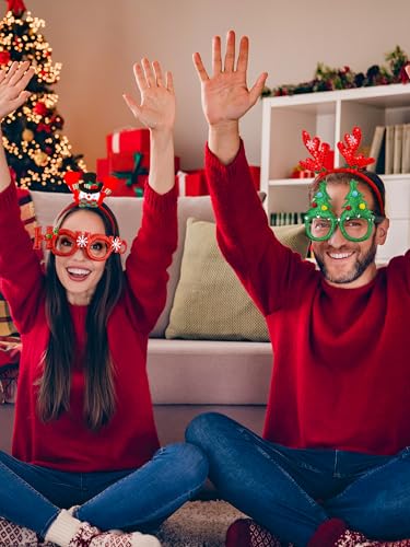 48 Pcs Christmas Glasses Frame and Headbands Set, Cute Christmas Head Boppers and Glasses with 24 Designs Santa Hat Leprechaun Snowman Reindeer Antler, Christmas Party Favors, Accessories, Supplies - style: 48 PCS