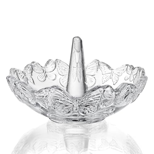 H&D HYALINE & DORA Clear Crystal Ring Holder with Butterfly Pattern, Engagement Glass Ring Dish Jewelry Holder for Rings Earrings Necklace Organizer - color: Clear，Butterfly