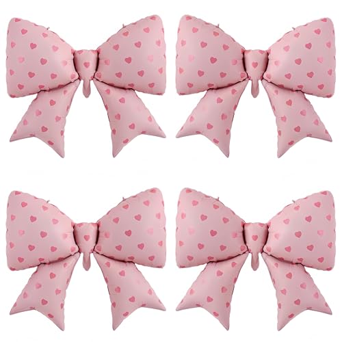 4Pcs Pink Bow Balloons Decor 38 Inch/Heart Print coquette Birthday Decorations for Girls Women, Valentines Day, Galentines Party Bachelorette Bridal Shower Wedding Engagement Photo Booth Props - color: Pink Heart