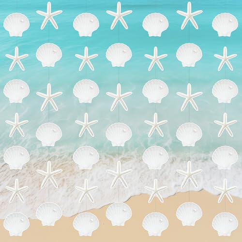 Xinnun Coastal Party Decorations White Finger Starfish and Seashell Garland Ocean Nautical Theme Cutouts Ribbon Streamers for Under The Sea Beach Mermaid Birthday Beach Wedding Decor - style: Shell
