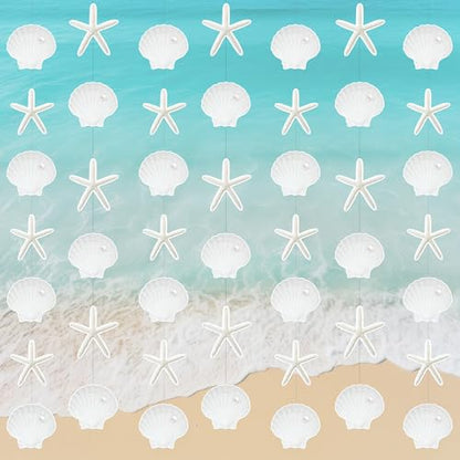 Xinnun Coastal Party Decorations White Finger Starfish and Seashell Garland Ocean Nautical Theme Cutouts Ribbon Streamers for Under The Sea Beach Mermaid Birthday Beach Wedding Decor - style: Shell