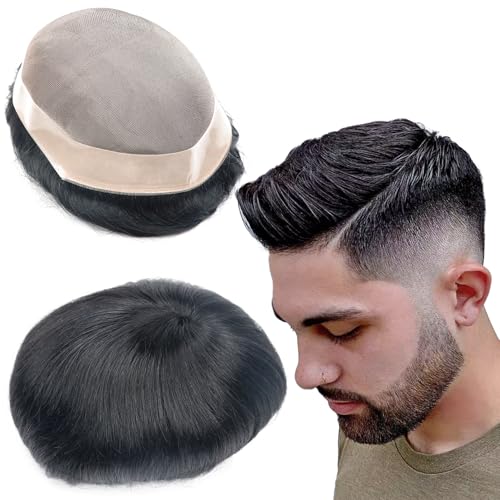Mens Toupee Human Hair Hairpiece Male Unit Mono Lace Hair Replacement System for Balding Durable Hair Systems 8x10 Inch 1# Jet Black Natural Hairline Prosthesis Units Implant - color: 1# Jet black - Mono NPU, size: 8x10 Inch