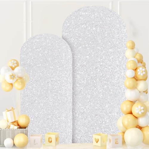 MODFUNS Metal Arch Backdrop Stand and Cover Set 6&7.2ft Silver Sequins Arch Cover Set of 2 Metal Arch Frame with Covers Balloon Arch Stands for Wedding Ceremony Banqet Party Reception - color: Silver, size: 6&7.2FT-Set