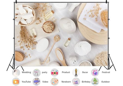 White Neutral Spa Oat Skincare Flat Lay Backdrop Natural Organic Beauty Essentials Background for Wellness Bridal Shower Party Decorations Photo Studio Props 4X4ft Fabric - size: 4X4ft