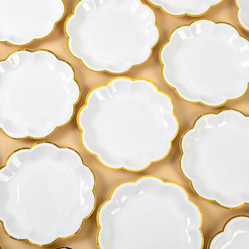 AimFun White Golden Party Plates Gold Foil Dessert Paper Plate 7inch Scalloped Edge Disposable Cake Plates for Tea Party Birthday Bridal Baby Shower Wedding Party Supplies (48, White) - color: White