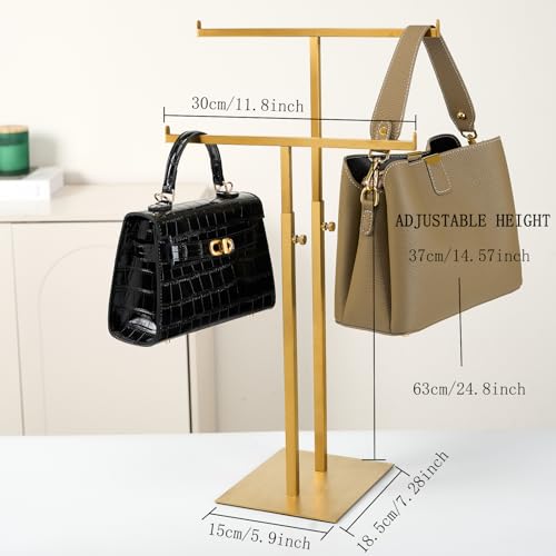 Purse Display Stand Jewelry Towers, Double T-Shaped Tabletop Stainless Steel Hook Hanging Adjustable Height Handbag Holder for Organizer Luxury Bags Necklaces Home Store Boutique Retail Closet - color: Champagne Gold