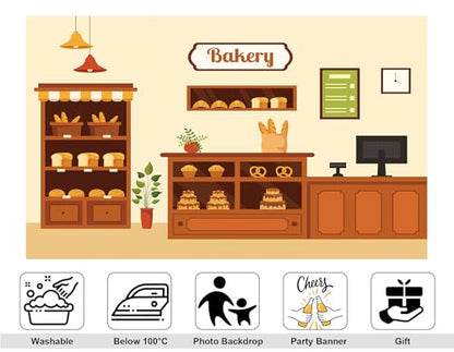8x8ft Cartoon Bakery Shop Counter Backdrop Hanging Lamp Bread Shelf Photography Background Warm Inviting Baking Party Home Decor Photo Booth Decorations Banner Photo Studio Props - size: 8x8ft