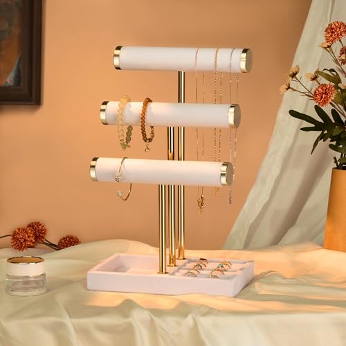 3 Tier Bracelet Holder Display - Detachable T Bar White Velvet Bracelet Holder, Jewelry Holder Organizer for Bracelet, Necklace, Watches, Rings - color: White, size: Standard