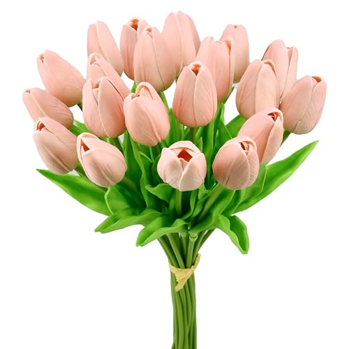 Mandy's Dusty Pink Artificial Tulips Flowers Centerpiece, 13.5" Lifelike PU Fake Floral Stems 20pcs for Kitchen Island & Dining Table, Spring Decor for Easter - color: Dusty Pink
