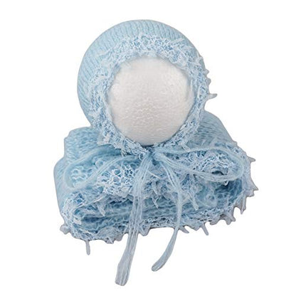 Baby Photography Props Luxurious Lace Hat with Blanket Newborn Photo Shoot Outfits Infant Princess Photos Hats Wrap Set (Blue) - color: Blue