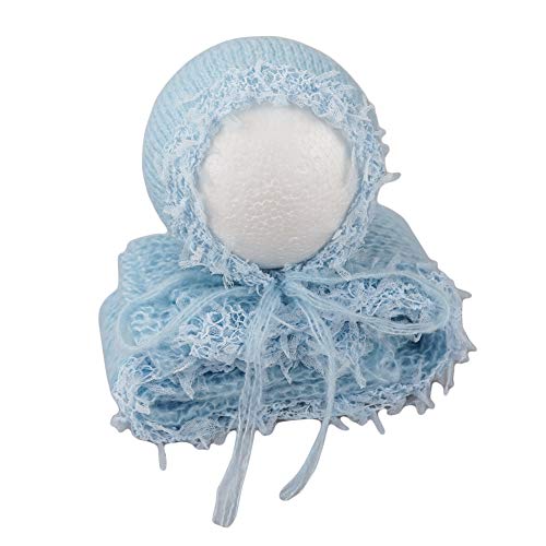Baby Photography Props Luxurious Lace Hat with Blanket Newborn Photo Shoot Outfits Infant Princess Photos Hats Wrap Set (Blue) - color: Blue