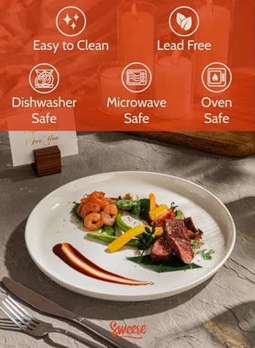 Sweese 10 Inch Porcelain Dinner Plates, White, Set of 6 - Microwave, Oven, Dishwasher Safe, Scratch-Resistant - color: White, size: 10 Inch