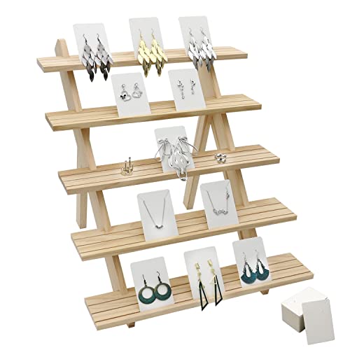 101pcs 5-Tier Wood Earring Display Stand, Retail Display Riser Earring, Ring Holder Stand, Removable Countertop Small Merchandise Display Stand with 100 Pcs Earring Card (Wood color) - color: Wood