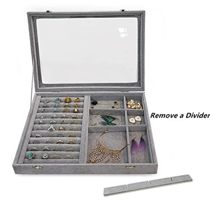Ice Velvet Rings Organizer Box Mix 12 Grids Jewelry Tray Display Showcase with Clear Lid and Lock Grey - color: 12 Grids & 11 Slots