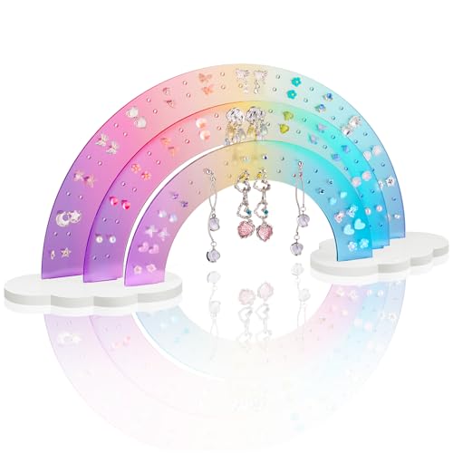 NiHome 3-Tier Gradient Color Acrylic Rainbow Earring Organizer, 14" W x 6.3" H Lightweight and Durable Design 140 Holes for 70 Pairs, Unique Front Row for Special Earrings (Macaron Gradient) - color: Macaron Gradient