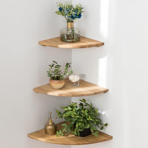 Corner Shelves, Floating Corner Shelf, Set of 3 Solid Oak Wood Corner Wall Shelves, Round End with Wire Hole Shelving for Small Plant for Bedroom Kitchen, Living Room (Size 9/10/12in) - color: Oak, size: 9/10/12in(3p)