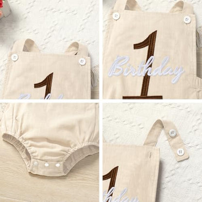 IMEKIS Baby Girls Boys Boho 1st Birthday Outfit Backless Overalls Romper for Cake Smash Photo Shoot - color: Apricot 1 Birthday, size: 12-18 Months