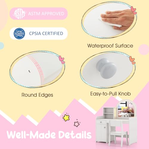 Costzon Kids Vanity with Lights, 2 in 1 Princess Makeup Desk & Chair Set with Lighted Mirror, Drawer, Storage Shelves & Cabinet, Toddler Dressing Table, Vanity Set for Little Girls, White - style: White with Cabinet