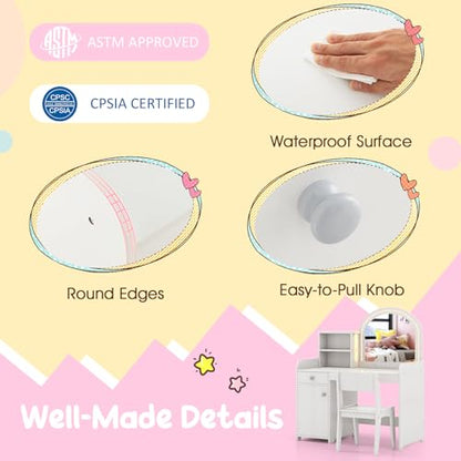 Costzon Kids Vanity with Lights, 2 in 1 Princess Makeup Desk & Chair Set with Lighted Mirror, Drawer, Storage Shelves & Cabinet, Toddler Dressing Table, Vanity Set for Little Girls, White - style: White with Cabinet