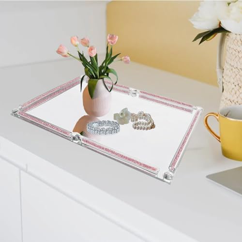 Large Crystal Serving Tray, 15.7" x 11.8" Crushed Diamond Mirror Perfume Rectangular Makeup Display Tray, Crystal Makeup Organizer for Bathroom, Home Decor, Cosmetics, Dresser(Rose Red) - color: Rose Red a