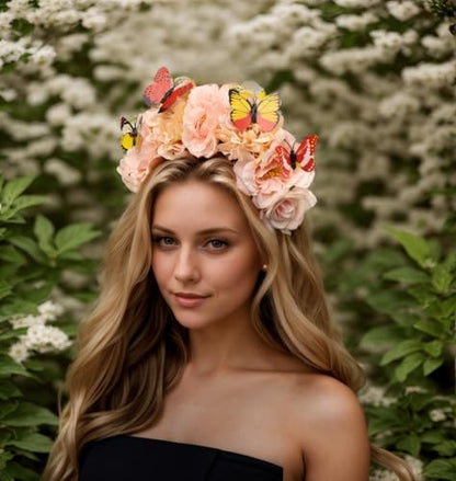Elegant Butterfly Flower Headband for Women Boho Handmade Rose Floral Crown Wedding Bridal Festivals Cosplay Prom Photo Props Headpiece (B4 pink, Adjustable) - color: B4 pink
