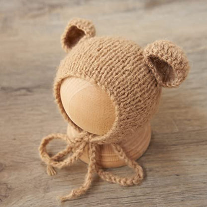 Zeroest Newborn Boy Photoshoot Outfits and Props Bear Bonnet with Footed Romper Infant Baby Photography Crochet Knitted Set - color: Khaki