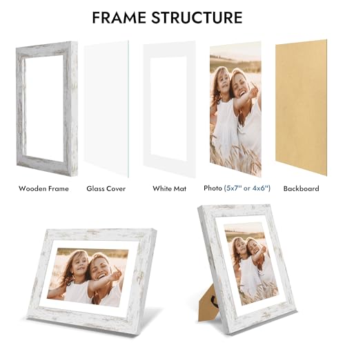Hongkee 5x7 Picture Frame with Glass, Display Pictures 4x6 with Mat or 5 x 7 without Mat - Wall and Tabletop, 5 by 7 Photo Wooden Frames (Distressed White, 1 Pack) - color: Distressed White, size: 5X7 in