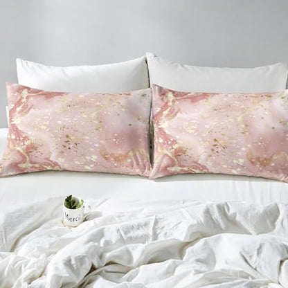 Manfei Marble Texture Fitted Sheet Pink Marble Pattern Golden Sequins Print Bedding 3pcs Microfiber Bed Sheet Set (1 Fitted Sheet + 2 Pillow Cases) Queen Size - color: Multi 17, size: Queen (60*80*16")