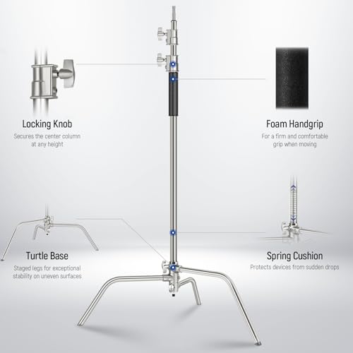 NEEWER Basics 100% Stainless Steel Heavy Duty C Stand with Boom Arm, Max 10.5ft/320cm Photography Light Stand, 4.2ft/128cm Holding, 2 Grip Heads for Studio Monolight Softbox Reflector, SC320 Lite