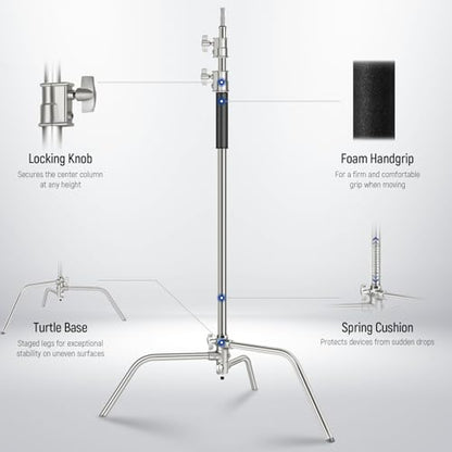 NEEWER Basics 100% Stainless Steel Heavy Duty C Stand with Boom Arm, Max 10.5ft/320cm Photography Light Stand, 4.2ft/128cm Holding, 2 Grip Heads for Studio Monolight Softbox Reflector, SC320 Lite