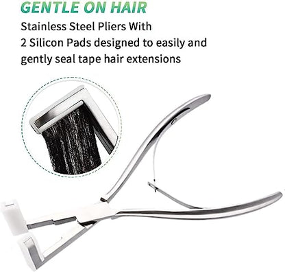 Hair Extensions Tools Kit, Professional Tape in Hair Sealing Pliers Flat Surface Hair Extension Plier Tools with Double Sided Replacement Adhesive Tape Tabs -Silvery