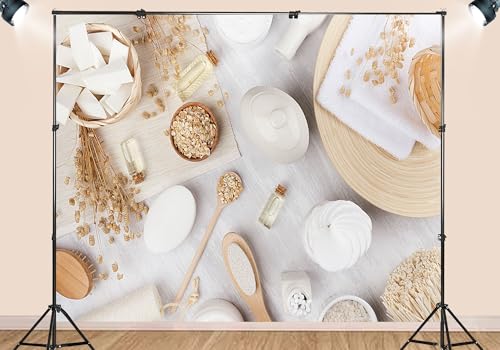 White Neutral Spa Oat Skincare Flat Lay Backdrop Natural Organic Beauty Essentials Background for Wellness Bridal Shower Party Decorations Photo Studio Props 5X3ft Fabric - size: 5X3ft
