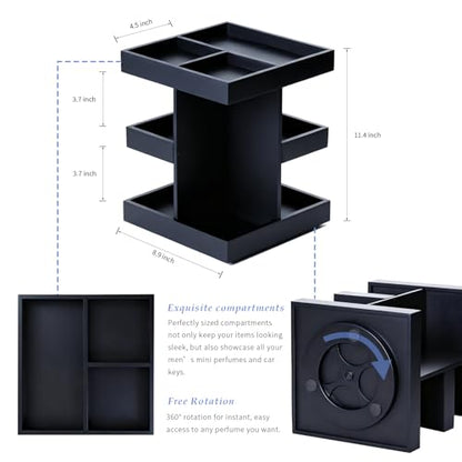 Rotating Cologne Organizer for Men, 3-Tier Large Capacity Wooden Perfume Stand with 360° Display, Desk & Dresser Organizer for Cologne, Watches & Accessories, Gift for Husband, Dad & Men (Black)