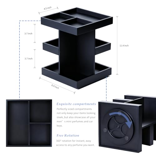 Rotating Cologne Organizer for Men, 3-Tier Large Capacity Wooden Perfume Stand with 360° Display, Desk & Dresser Organizer for Cologne, Watches & Accessories, Gift for Husband, Dad & Men (Black)