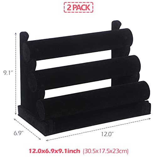 2 Pack Velvet Bracelet Holder with 3 Tier Rack, Jewelry Display Stand Watch Bangle Bar Necklace Storage Organizer, Black