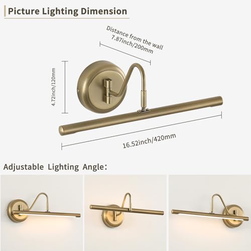 JOOSENLUX 16.5" Brass Picture Light Hardwired, Adjustable LED Art Display Lighting Fixture, 3000K Warm Dimmable Wall Sconce for Painting Portrait Gallery, Vintage Gold Metal Indoor Bedroom - color: Hard-Wired Brass, size: 16.5 inch Dimmable