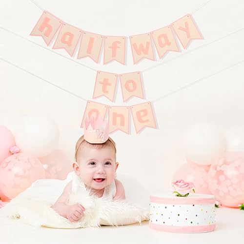 Half Way to One Banner - Neutral Rustic Baby 6 Months Birthday Decor, 1/2 Birthday Party Backdrop for Boys Girls, Cake Smash Photo Props, Baby Shower Decorations (Pink) - color: Pink