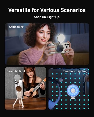 TELESIN Fun Shot Magnetic Phone Camera Grip + 4 in 1 Magnetic RGB Selfie Light Bundle Kit Compatible with iPhone Magsafe & Android, Creator Kit for Selfies/Photography/TikTok/Zoom Calls/Video - color: White Grip + RGB Light