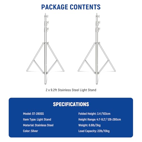NEEWER 2Pcs 9.2ft Stainless Steel Light Stands, Spring Cushioned Heavy Duty Photography Tripod Stand with 1/4"-3/8" Adapter for Strobe Video Ring Light Monolight Softbox, 22lb Max Load, ST-280SS - style: 280cm/2-Pack