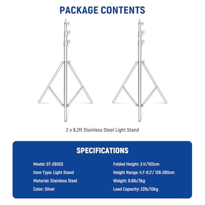 NEEWER 2Pcs 9.2ft Stainless Steel Light Stands, Spring Cushioned Heavy Duty Photography Tripod Stand with 1/4"-3/8" Adapter for Strobe Video Ring Light Monolight Softbox, 22lb Max Load, ST-280SS - style: 280cm/2-Pack