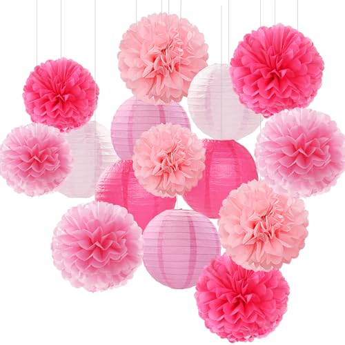 Light-Hot Pink Party-Decorations Paper-Flowers Lanterns - 15pcs Graduation Girl Birthday Decor Tissue Pom Poms Streamers, Bridal Baby Shower Wedding Bachelorette Valentine Hanging Supplies Hugfond - color: Light Pink Dark Pink Rose