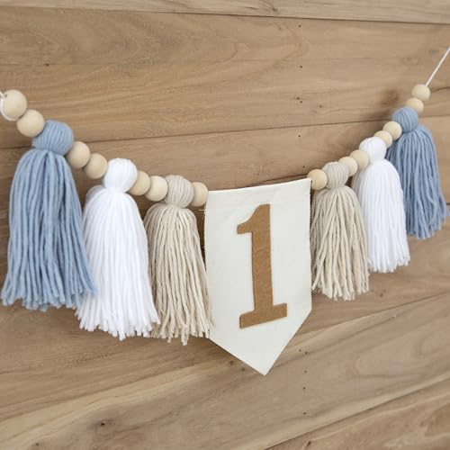 Boho Blue Handmade 1st Birthday High Chair Banner for Baby Boys Wall Hangings Wood Bead Tassel Garland First Birthday Party Decorations Photoshoot Props - color: brown and blue