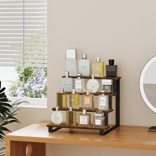 YINMIT Wooden Display Riser Stand,15.75 Inch Tiered Perfume and Cologne Organizer Stand, 4 Tier Spice Rack Organizer, Rustic Display Shelf for Cupcake, Figures, Candles (4 Tier Brown, 15.75 In) - color: 4 Tier Brown, size: 15.75 In